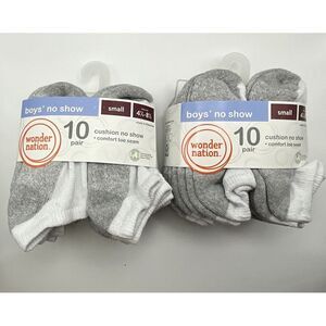 New 2 Packs Of Wonder Nation Boys 10 Pair White Gray No-Show Socks‎ Size 4.5-8.5
